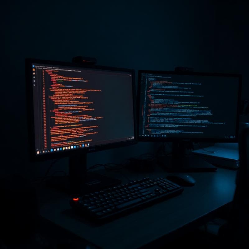 Professional coding workspace with dual monitors